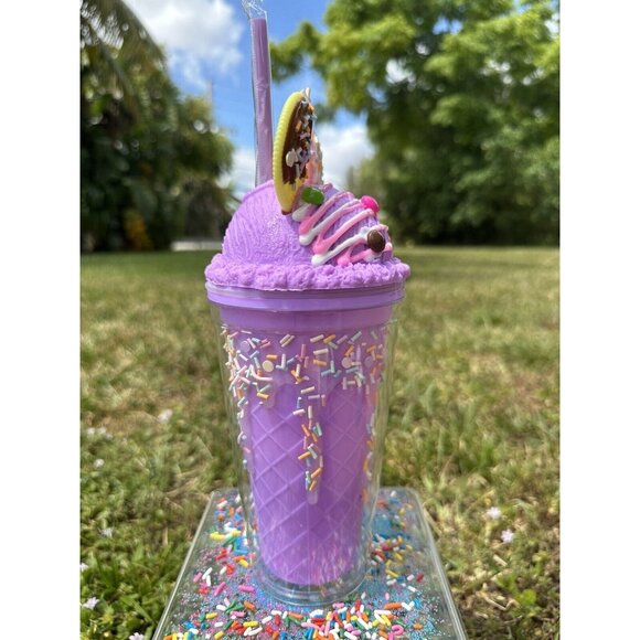 Purple 3D Cookie Ice Cream Sprinkle Cup 16oz Cold Beverage Straw & Lid Tumbler. - Picture 3 of 7